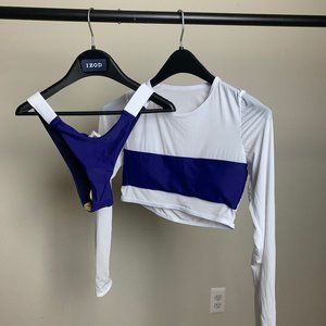 blue and while stripped, long sleeved bikini set